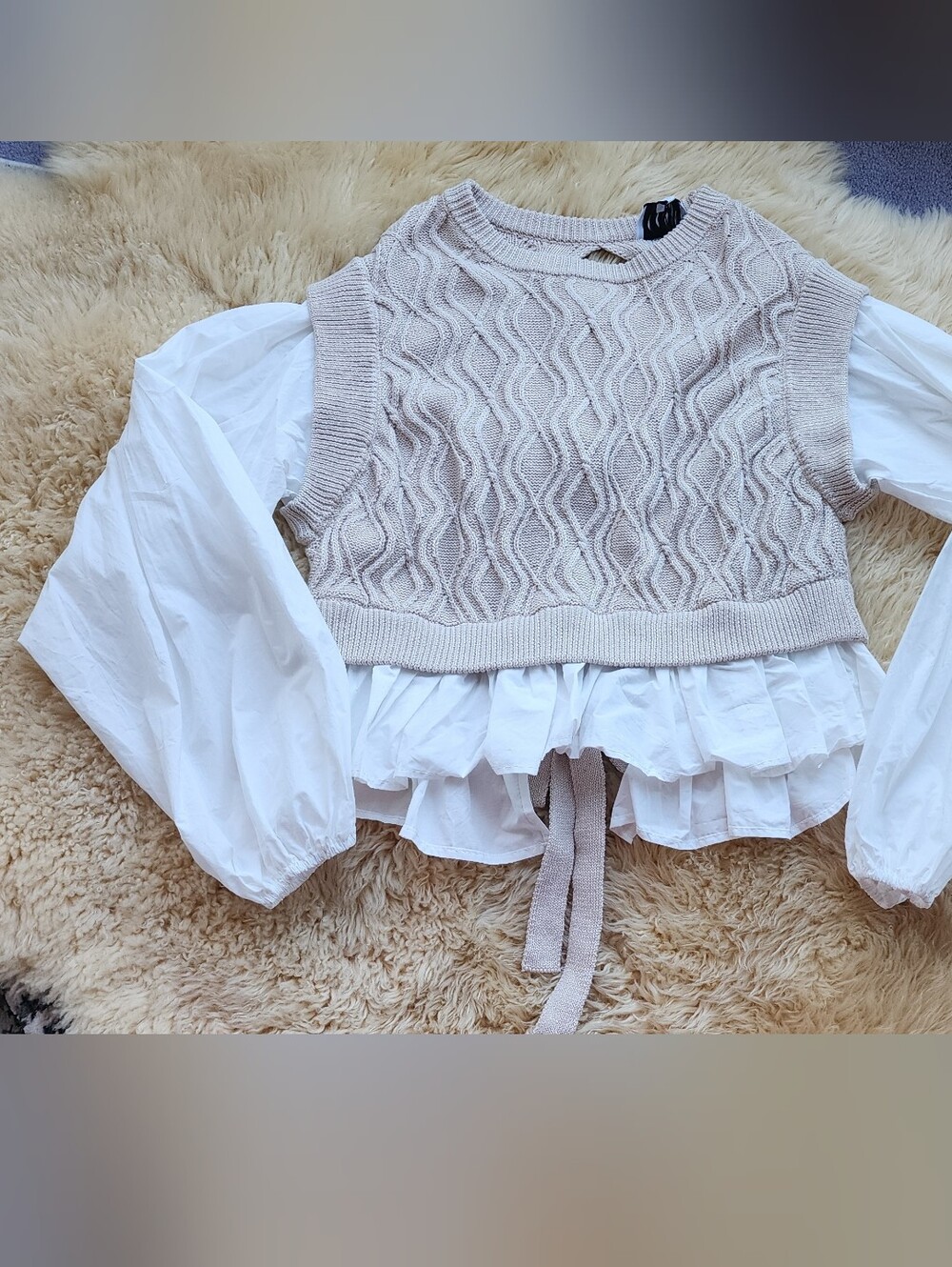 MARBLE Beige Knit Peplum One-Piece with White Ruffle Sleeves